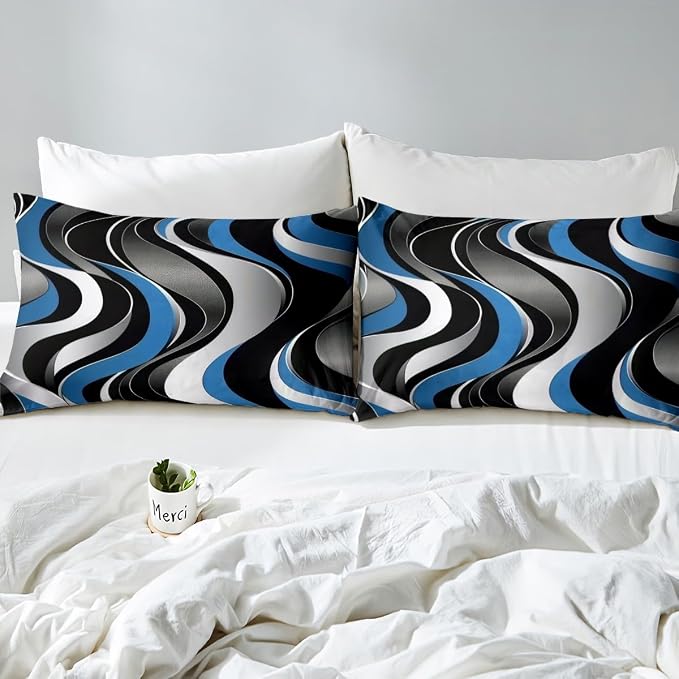 Erosebridal Geometric Wavy Lines Duvet Cover Queen for Kids Teens Adults,Minimalist Abstract Art Comforter Cover,Modern Aesthetic Bedding Set,Blue Grey Black Bed Set with 2 Pillowcases Bedroom Decor