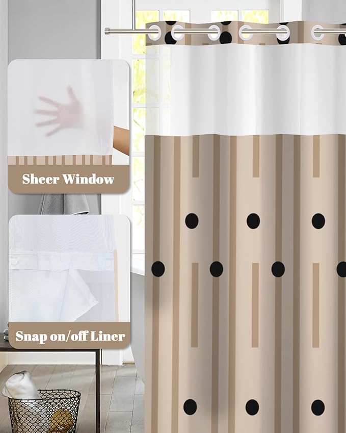 No Hook Shower Curtain with Snap in Liner, Modern Minimalist Geometric Print Waterproof Double Layer Bath Tub Curtain with See Through Top, Bathroom Shower Curtain and Liner Set, 71W x 74H