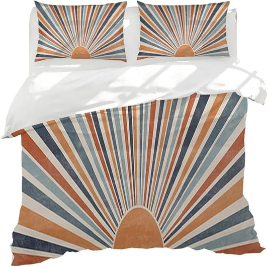 Boho Colorful Sunrise Duvet Cover Set Twin Size Boho Abstract Mid Century Orange Comforter Cover Minimalist Art Lightweight Soft Bedding Set 3 Pcs Breathable Bedding Set with 2 Pillowcase