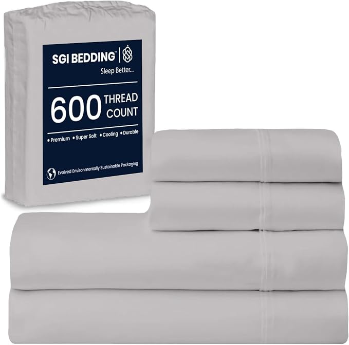 SGI bedding 100% Egyptian Cotton Sheets RV King Size 600 Thread Count Sheets Set, Soft, Cooling, 15" Deep Pocket, Luxury Hotel Bedding, Breathable, Durable - Light Grey