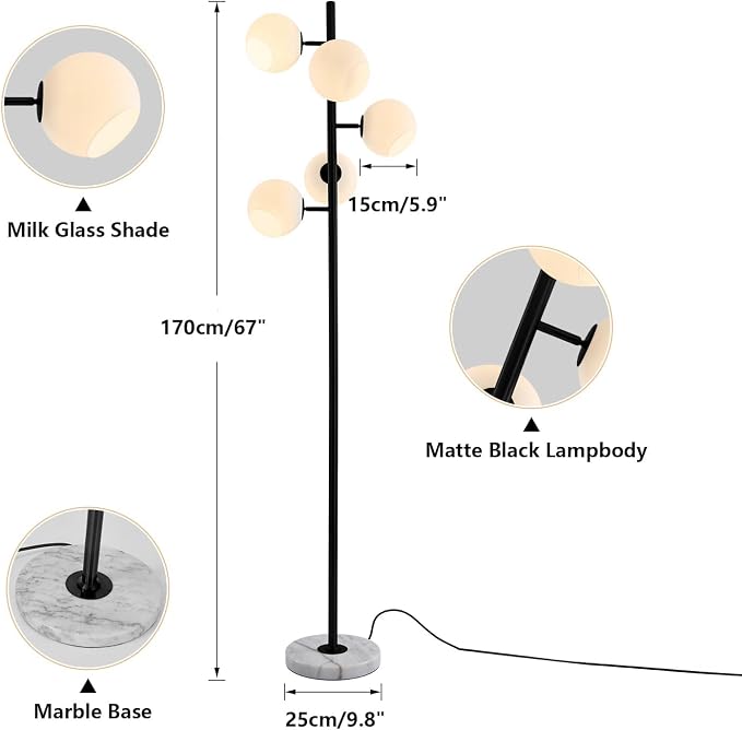 KCO Lighting Five Globe Mid Century Modern Floor Lamp - Milk Glass Shade, Black Finish, Marble Base for Living Room