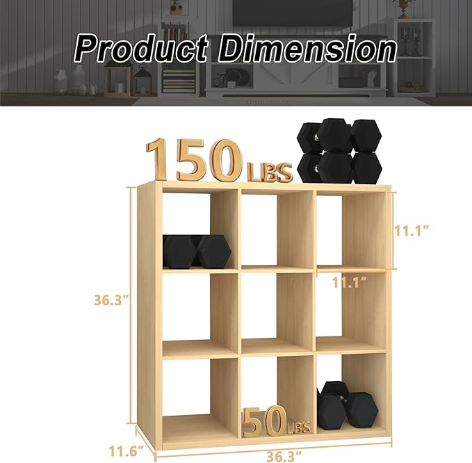 CTESNE【2026 Wooden Thick Frame 9 Cube Storage Organizer Shelf with Anti-Tipping Kits + Reversible Open Back Bookcase, Horizontal and Vertical Dual-use（Oak Color,11inch）