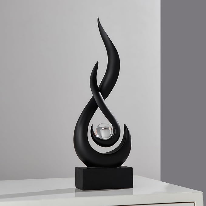 FJS Black Flame Statue, 11.8" Abstract Resin Sculpture for Modern Home Decor, Minimalist Art Figurine for Shelf Coffee Table Centerpiece