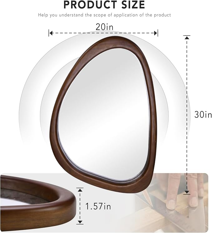 Irregular Wall Mirror, 20 x 30in Wooden Frame Asymmetrical Mirror, Large Home Decor Wall Mirrors, Hanging Vertically and Horizontally, for Bathroom, Living Room, Entryway (Walnut Colour)