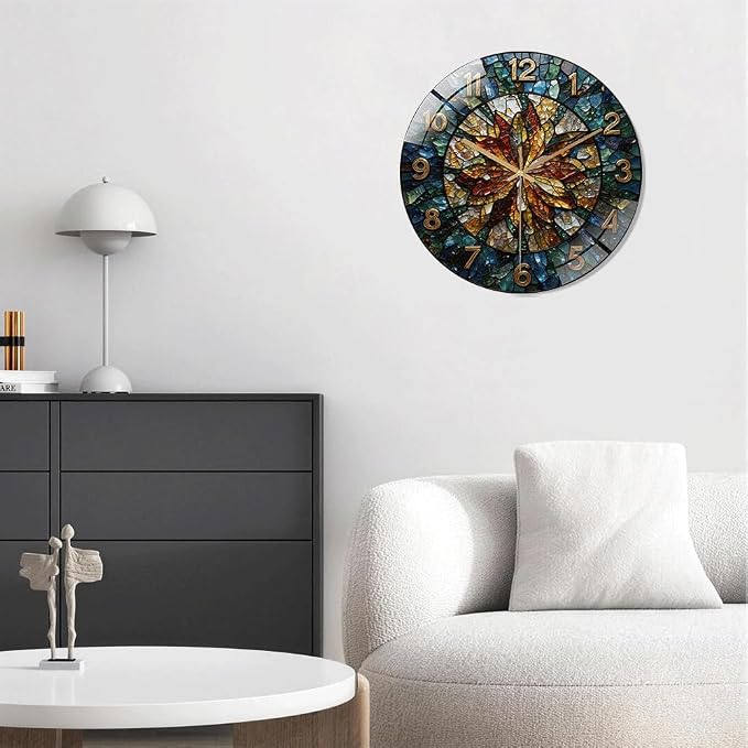 12 Inch Floral Mosaic Glass Wall Clock Silent Art Decor | Silent glossy wall clock with a vintage stained glass mosaic design, perfectly tracking time for your living room