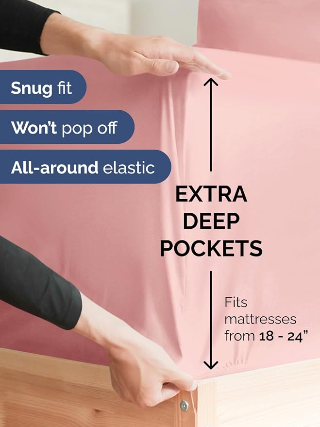 Extra Deep Split King Sheet Set - 7 Piece Breathable and Cooling Sheets - Hotel Luxury Bedding for Women, Men, Kids & Teens - Easy Secure Fit - Soft and Wrinkle Free - Extra Deep Pockets - Baby Pink