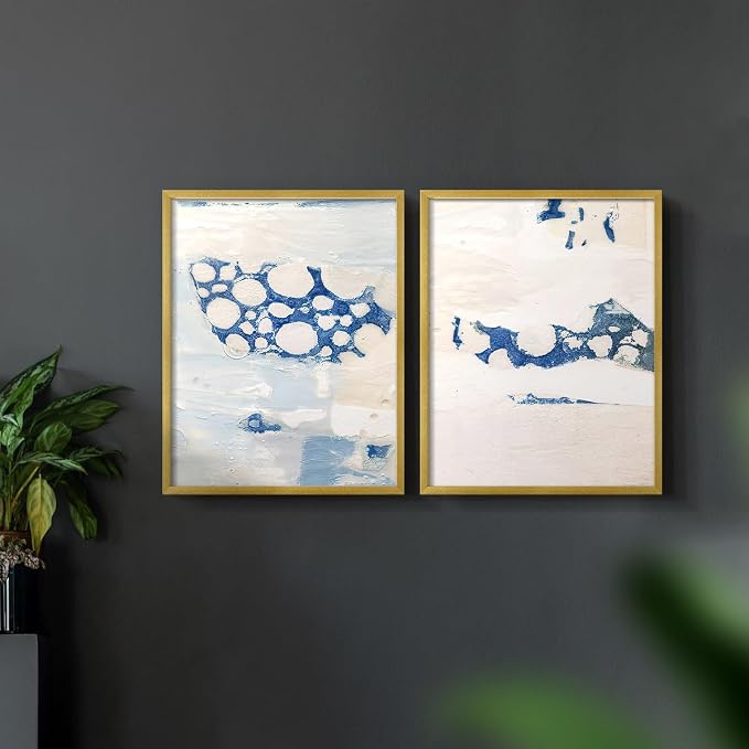 Renditions Gallery Set of 2 Peel & Stick Framed Prints, Textured Abstract Wall Art, White Blue Bubble Like Pattern Wall Decor, Re-Stickable - Ready to Hang - 22"x28" - GOLD Frame LT588