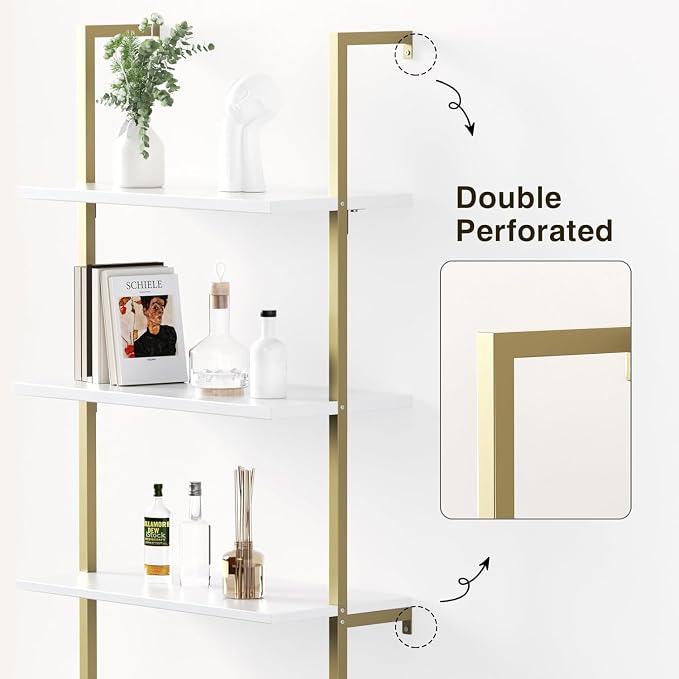 Ladder Bookshelf with Cabinet, 71" Tall Wall Mounted Bookcase with Shelves & Storage, Fluted Ladder Shelf with Metal Frame, 5-Tier Display Rack for Living Room, Home & Office, Bedroom, White & Gold