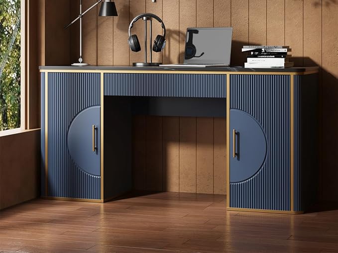 60" Fluted Computer Desk, Wooden Long Home Office Writing Desk with Drawer & Storage Cabinet, Modern Writing Table with Charging Station, High Executive Desk for Office，Bedroom, Navy Blue