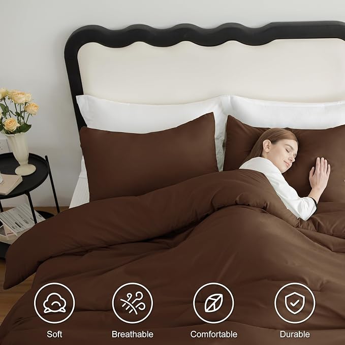 CozyLux Queen Comforter Set Brown, 3 Pieces Lightweight Comforters Queen Size Quilted Bedding Sets, All Season Breathable Solid Down Alternative Comforter with 2 Pillowcases, Bed Set Gift for Home