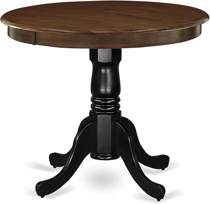 East West Furniture AMT-WBK-TP Antique Dining Table - a Round Wooden Table Top with Pedestal Base, 36x36 Inch, Walnut & Black