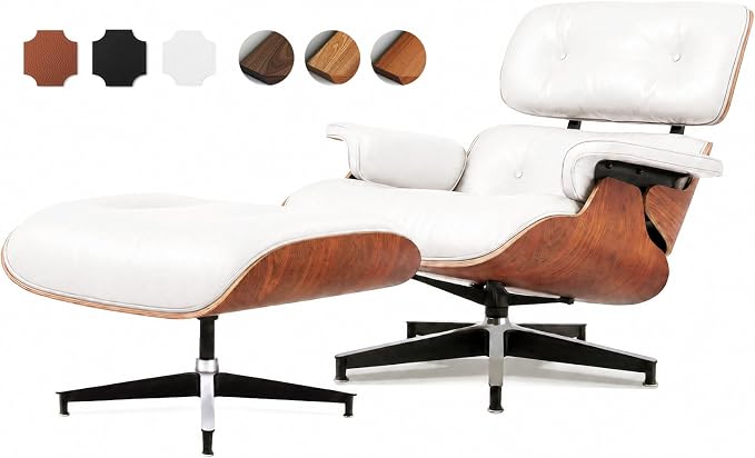 Top Grain Leather, Mid Century Chaise Lounge Chair and Ottoman, Modern Chair Classic Design, Heavy Duty Base Support for Living Room Study Lounge Office, Palisander-White, Heightening