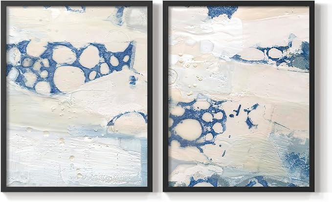 Renditions Gallery Set of 2 Peel & Stick Framed Prints, Textured Abstract Wall Art, Beach Themed Bubble Design Wall Decor, Re-Stickable - Ready to Hang - 16"x20" - Black Frame LT588
