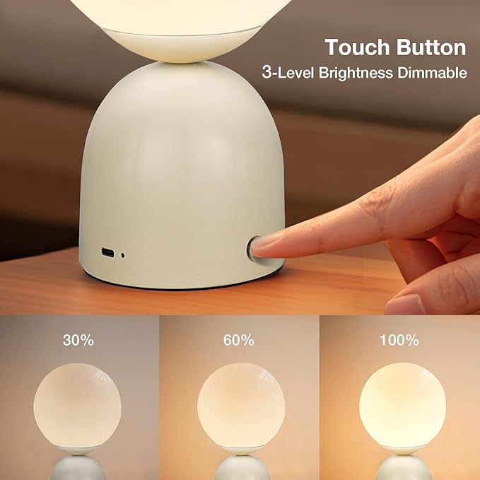 Cordless Globe Glass Table lamp Beige, 5200-mAh Rechargeable Orb Lamp, 3-Level Brightness Dimmable, Integrated LED 320 Lumen Max, for Bedside Nightstand Light