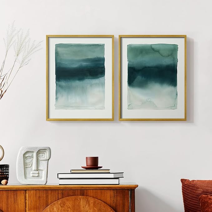 Renditions Gallery Set of 2 Peel & Stick Framed Prints, Tie Dye Abstract Wall Art, Sage Green Watercolor Horizon Wall Decor, Re-Stickable - Ready to Hang - 8"x10" - GOLD Frame LT588