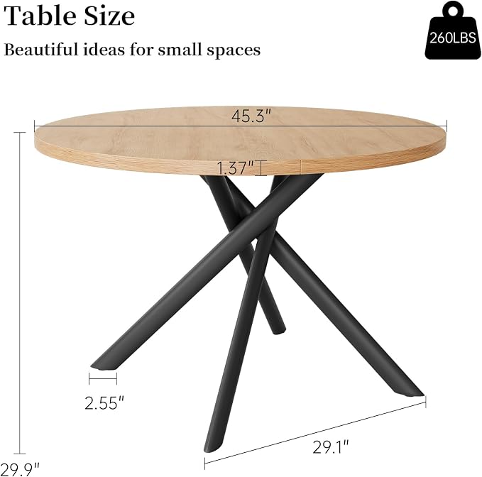HIPIHOM 45.3 Inch Modern Round Dining Table for 4, Space-Saving Dinette with Carbon Steel Legs for Home Kitchen Apartment(Oak Table)