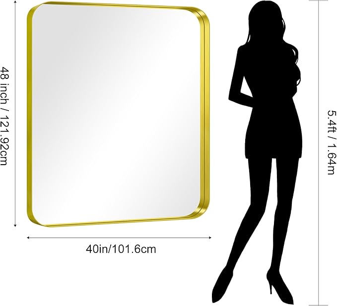 CIRCUMI Gold Bathroom Mirror, 40"x48" Rectangular Mirror with Deep Metal Frame, Rounded Corner, Tempered Glass, Large Mirror for Wall, Over 2 Sinks, Installed Vertically/Horizontally, Crystal-Clear