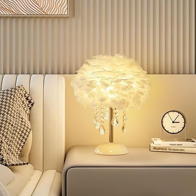 Fandian Feather Table Lamp White with LED Bulb Plug in Feather Night Lights Bedside Lamps for Mother Girlfriend Home Girl Room Wedding Decoration