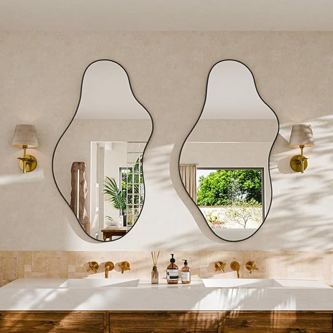 Irregular Wall Mirror 20×36 Inch Wall Mirrors Decorative Black Modern Asymmetrical Abstract Mirror for Bathroom Bedroom Living Room Entryway Hallway