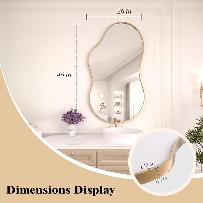 WEER Irregular Wall Mirror, 26x46 inch Gold Asymmetrical Wall Mounted Mirrors Decorative, Abstract Wavy Aluminum Alloy Frame for Bathroom, Bedroom, Living Room, Entryway
