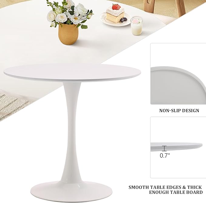 White Round Dining Table, 31.5" Tulip Table Kitchen Round Dining Table for 2-4 People with MDF Table Top and Metal Pedestal Base, Mid-Century Leisure Table for Home, Dining Room, Cafe