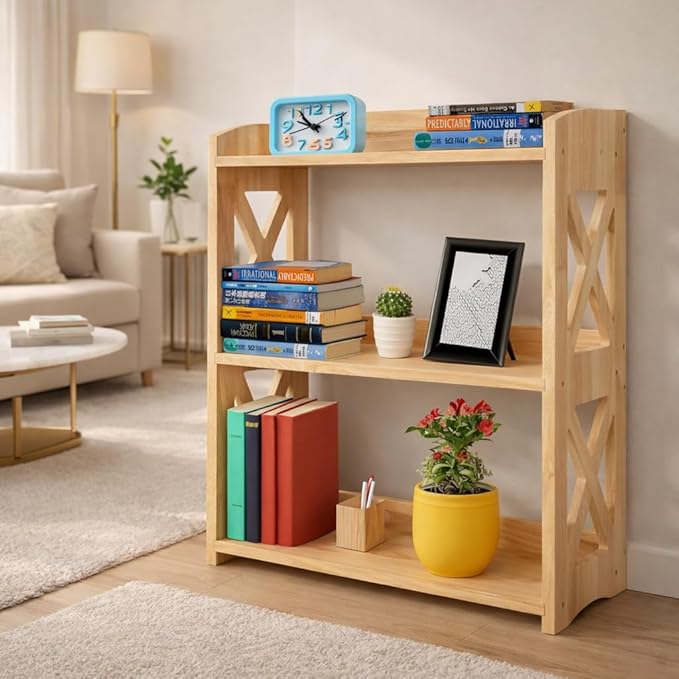 Wooden 3 Tier Bookshelf, Small Wood Bookcase Storage Shelf, Open Shelf Organizer for Bedroom, Living Room and Office (Natural, 3 Tier)