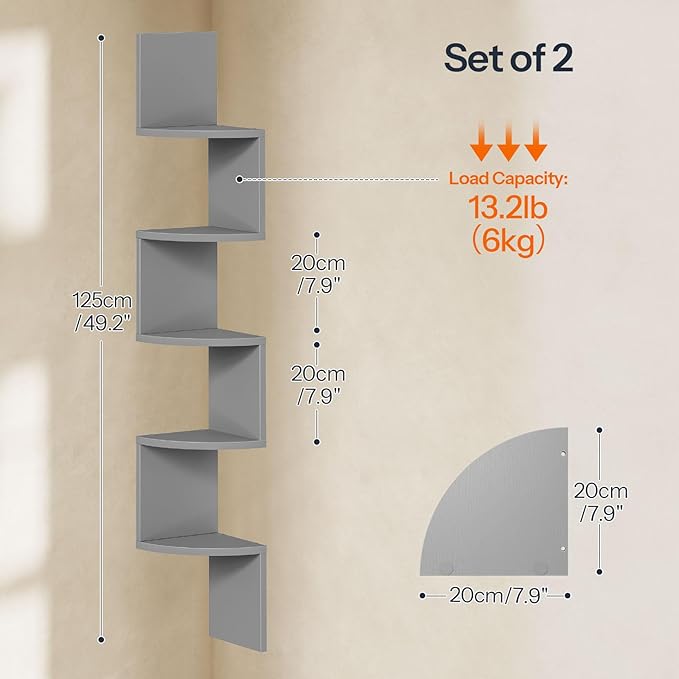 HOOBRO Corner Shelf Wall-Mounted, Set of 2 Floating Corner Shelves, 5-Tier Bookshelves for Wall Decor in Living Room, Bedroom, Home Office, Dove Gray GY26BJP201