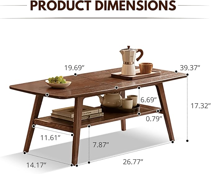 100% Solid Wood Coffee Table with Storage Shelf, 2-Tier Wooden Center Table for Living Room, Farmhouse Rustic Rectangle Table, Easy Assembly, 39.37inch
