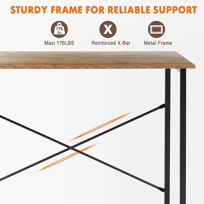 Sweetcrispy Computer Small Office Desk 47 Inch Student Study Writing Work with Metal Frame Wood Tabletop Modern Simple PC Home Bedroom Table, Rustic Brown