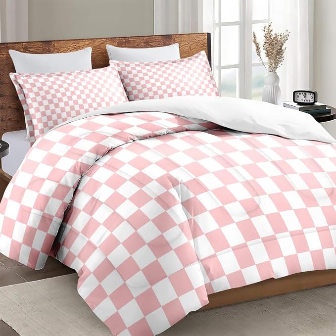 Comforter Set with Pillowcase Twin Size, Light Pink Checkered Plaid Girly, Bed Decor Retro Cute Gingham Checkerboard Geometric for Kids and Adults, Soft Cozy Bedroom Bedding Set