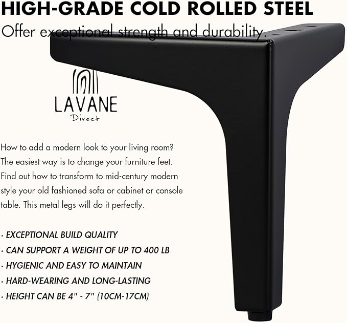 La Vane 6 Inch Metal Furniture Legs, Set of 4 - Modern Diamond Triangle Black DIY Replacement Feet Corner Legs for Cabinet, Sofa, Sideboard, Couch, Dresser Makeover