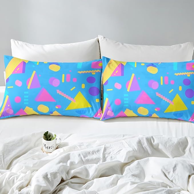 80s Bedding Set Memphis Pattern Old Fashion Comforter Cover,Vintage 90s Memphis Style Duvet Cover Abstract Geometric Pattern Retro Bed Set Full,Rainbow Urban Modern Circles Triangle Room Decor