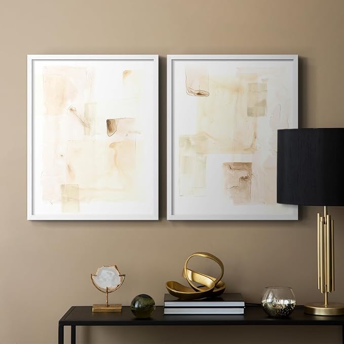 Renditions Gallery Set of 2 Peel & Stick Framed Prints, Abstract Wall Art, Mixed Handmade Oil Painting Wall Decor, Re-Stickable - Ready to Hang - 16"x20" - White Frame LT588