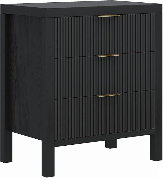 Nightstand with 3 Drawers, Dresser and Nightstand Sets, Bedside Tables, Mid Century Nightstands with 3 Wide Drawers for Bedroom, Kids’ Room, Hallway - Black