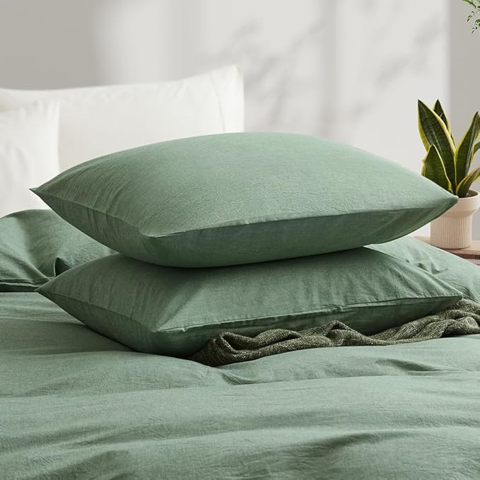 LOVQUE Duvet Cover Full Size, 100% Washed Cotton Linen Like Bedding Set with Zipper Closure (No Comforter), 80x90 Inches, Mint Green