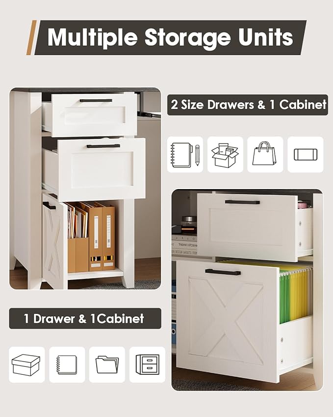HOPUBUY Farmhouse Executive Desk with File Drawers,Wood Home Office Desk w/Charging Station,Adjustable Storage Cabinets,White Computer Writing Desk for Work,Study