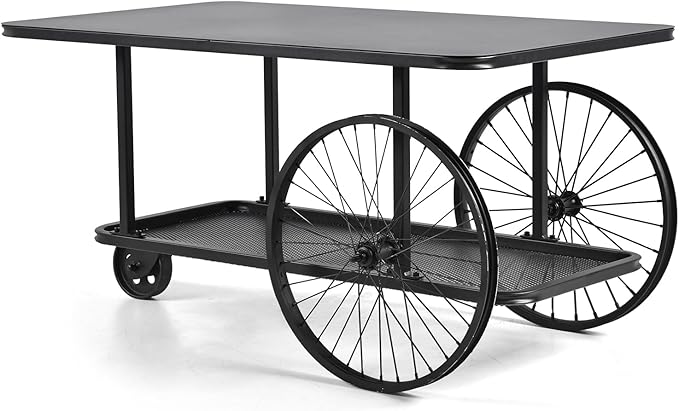 Steampunk-Inspired Mobile Storage Serving Cart - Black Metal Iron Top - 39.37" x 23.62" - Welded Construction Heavy Duty Locking Casters - 2-Tier Open Shelf - Movable Coffee Bar Table