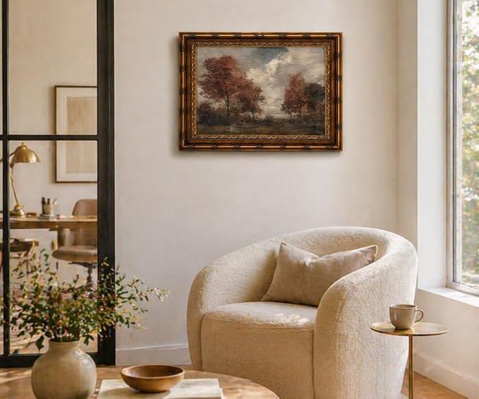 Vintage Gold Framed Autumn Landscape Wall Art - Rustic Moody Fall Trees Countryside Painting, Antique Gold Frame Fall Scenery Canvas Print Picture Wall Decor 12x16 Inch
