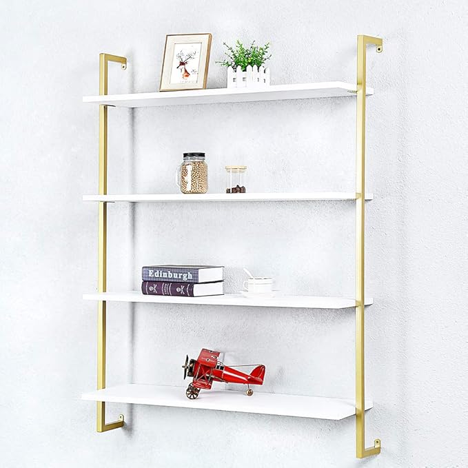 Industrial Metal Wall Shelf,Floating Wood Shelves Wall Mounted,36in Real Wood Book Shelves,4 Tier for Bedrooms Office
