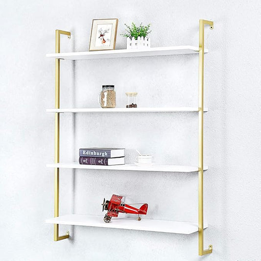 Industrial Metal Wall Shelf,Floating Wood Shelves Wall Mounted,36in Real Wood Book Shelves,4 Tier for Bedrooms Office