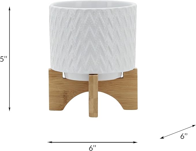 Modern Ceramic Planters with Wood Stand for Home Decor Elegant Flower Pots for Entryway, Garden, and Patio - Decorative Raised Container for Indoor and Outdoor Plants - 8", White & Tan