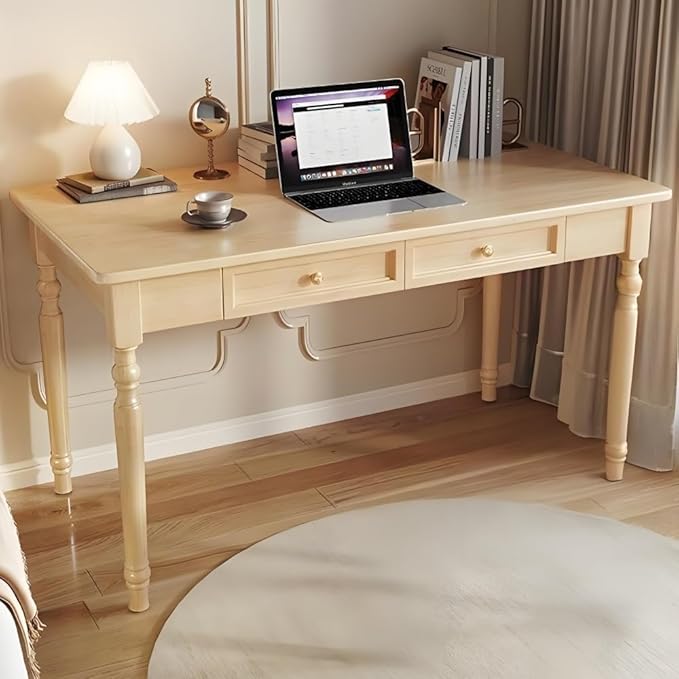 Computer Desk with 2 Drawers Mid-Century Modern Wooden Writing Desk Vintage Vanity Table Study Work Table for Office Heavy Duty(Natural,100cm)