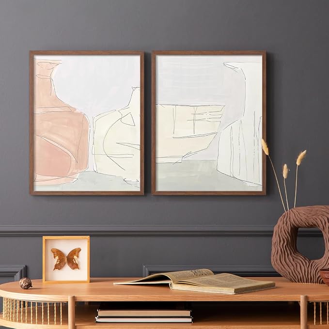Renditions Gallery Set of 2 Peel & Stick Framed Prints, Neutral Abstract Wall Art, Soft Tones Delicate Linework Wall Decor, Re-Stickable - Ready to Hang - 8"x10" - Walnut Frame LT588