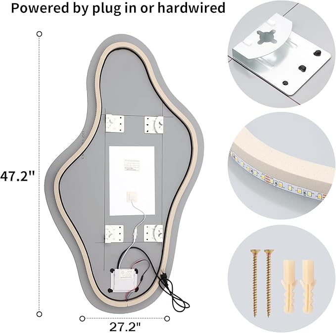 Modern Irregular LED Bathroom Mirror with Lights, Asymmetrical Frameless Smart Lighted Wall Mirror for Living Room Entryway, Large Decorative Makeup Vanity Mirror with Touch Switch(27.2″x47.2″)
