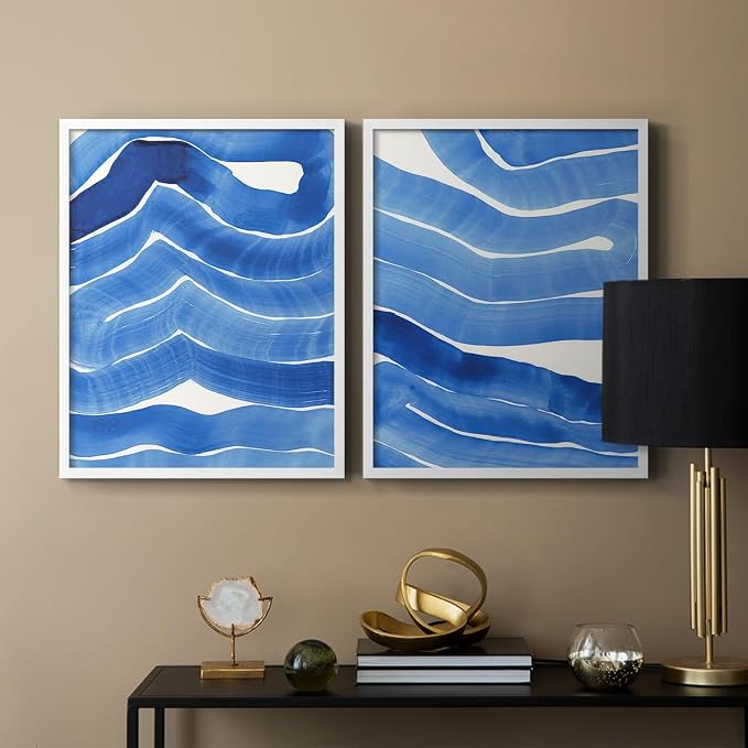 Renditions Gallery Set of 2 Peel & Stick Framed Prints, Watercolor Abstract Wall Art, Bold Brushstrokes in Shades of Blue Wall Decor, Re-Stickable - Ready to Hang - 11"x14" - White Frame LT588