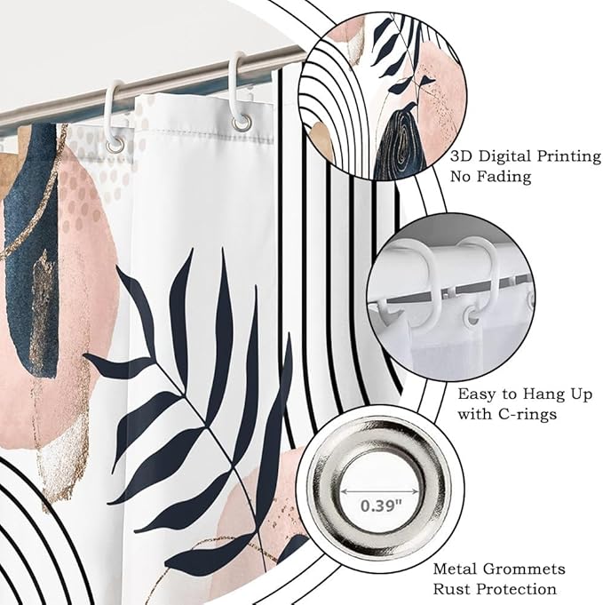 Modern Bohemia Shower Curtain for Bathroom Abstract Minimalist Bathroom Set Decor Stripes Palm Leaves Chic Aesthetic Washable Waterproof Polyester Fabric with Hooks 72x96 Inch
