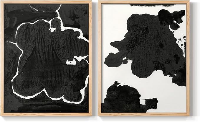 Renditions Gallery Set of 2 Peel & Stick Framed Prints, Fluid Abstract Wall Art, Black and White Inkblot Wall Decor, Re-Stickable - Ready to Hang - 11"x14" - NATURAL WOOD Frame LT588