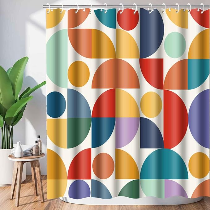 Vintage Colorful Rainbow Mid Century Shower Curtain Modern Abstract Geometric Art Bathroom Curtain Decor 72x84 Inch Washable Fabric Bright Retro Boho Circle Patterned Bath Curtain with 12 Hooks