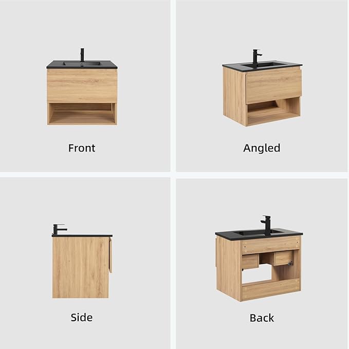 30 inch 3D Carved Bathroom Vanity with Open Compartment, Floating Cabinet with Hidden Soft-Close Slide Rails,with Ceramic Basin,Single Shelve,Mid Century Modern (Yellow Oak/Black Sink)