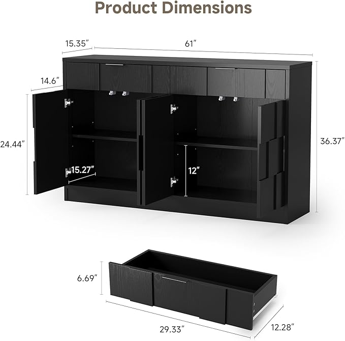 ONBRILL 61" Sideboard Buffet Cabinet with Storage, Large Coffee Bar Cainet with Doors and Drawers, Wood Credenza Console Cabinet Buffet Table for Kitchen Living Room Entryway (Black)